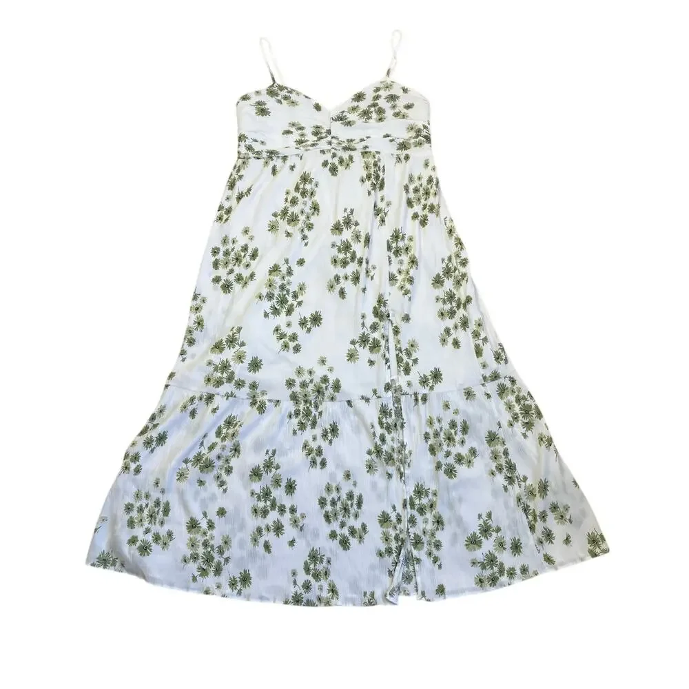 Abercrombie & Fitch Sz XL Babydoll Maxi Dress White Green Floral Crinkle